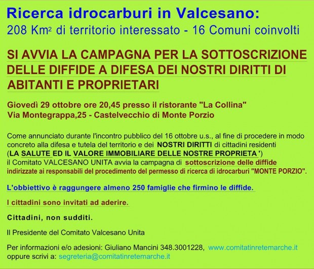 Ricerca idrocarburi in Valcesano, avvio campagna di sottoscrizione diffide