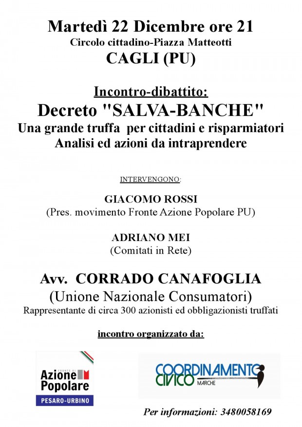 A Cagli incontro sul Decreto “Salva banche”