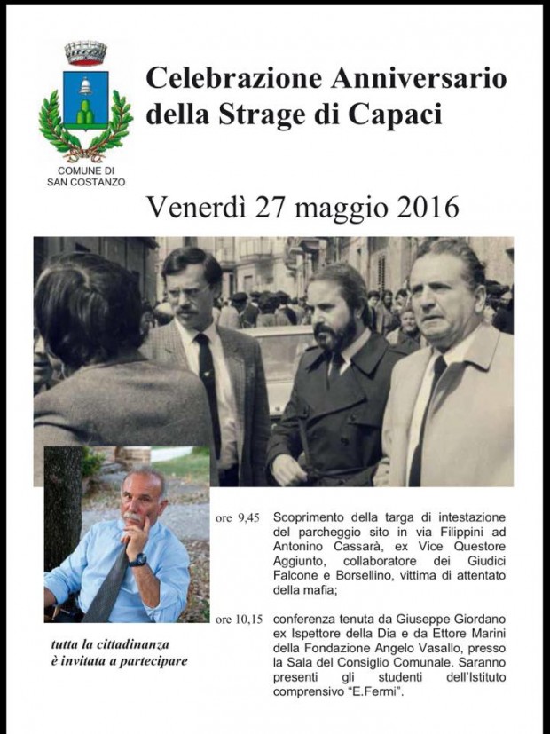 Strage di Capaci, San Costanzo intitola parcheggio a Cassarà. Gli studenti incontrano Pippo Giordano