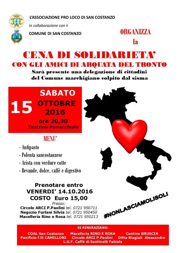 A San Costanzo la Cena di solidarietà con gli amici di Arquata del Tronto