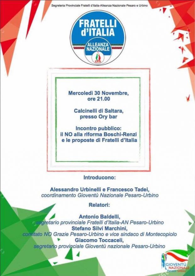 A Calcinelli incontro “Il No alla riforma Boschi-Renzi e le proposte di Fratelli d’Italia”