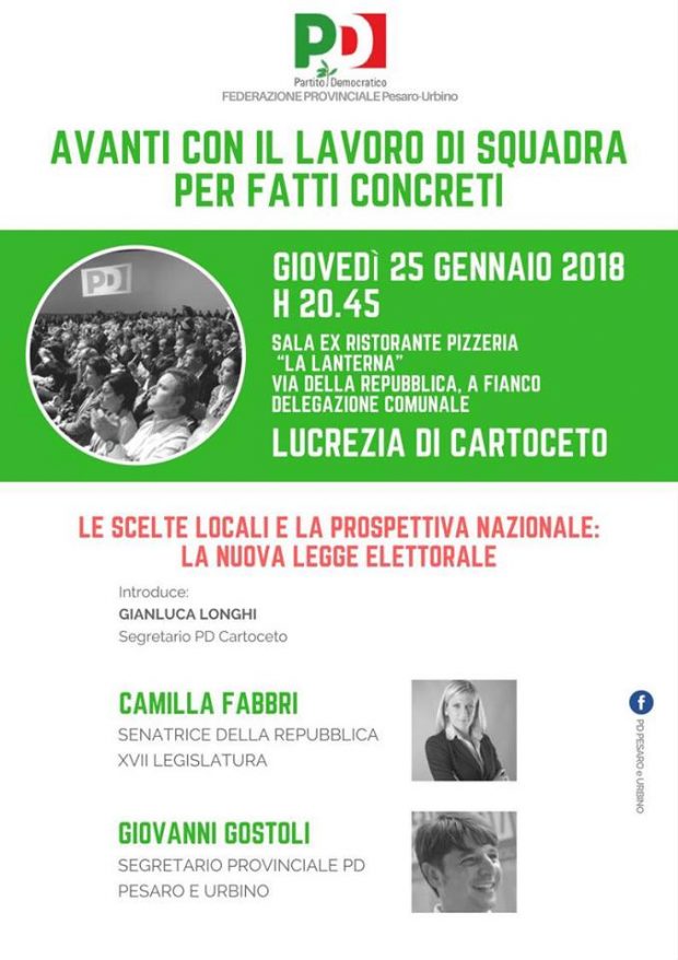 Pd, assemblea pubblica a Lucrezia sulla legge elettorale e sul programma