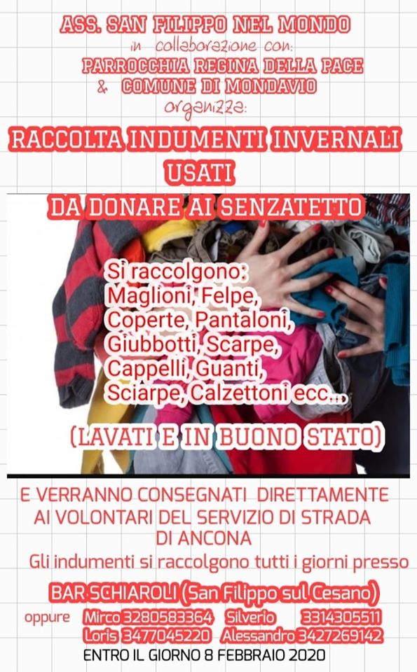 A San Filippo sul Cesano raccolta indumenti invernali da donare ai senzatetto