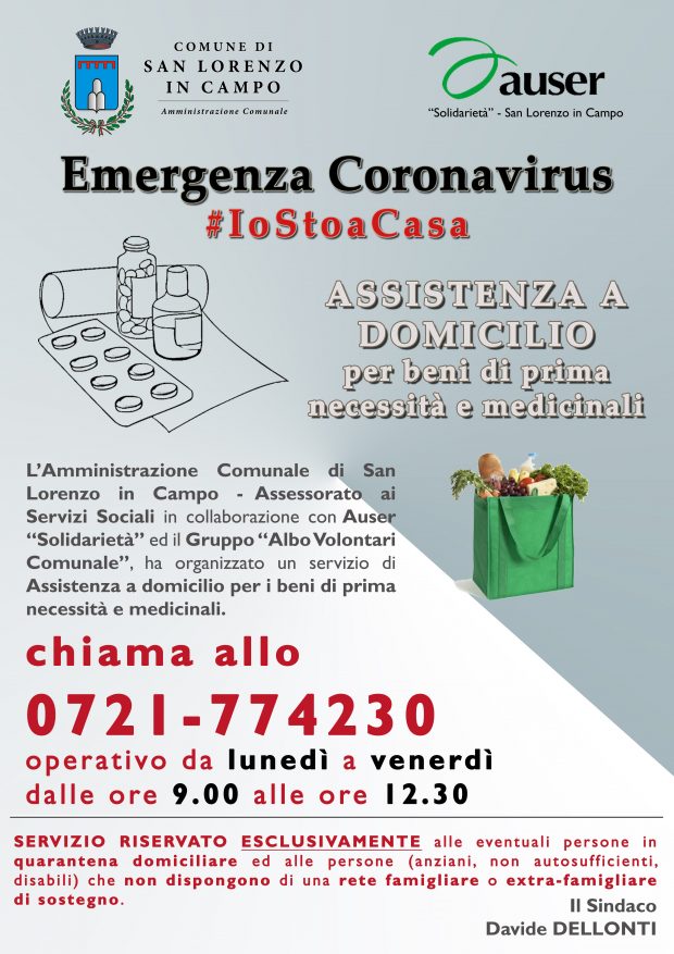 Emergenza Coronavirus, a San Lorenzo in Campo assistenza domiciliare per beni di prima di prima necessità e medicinali