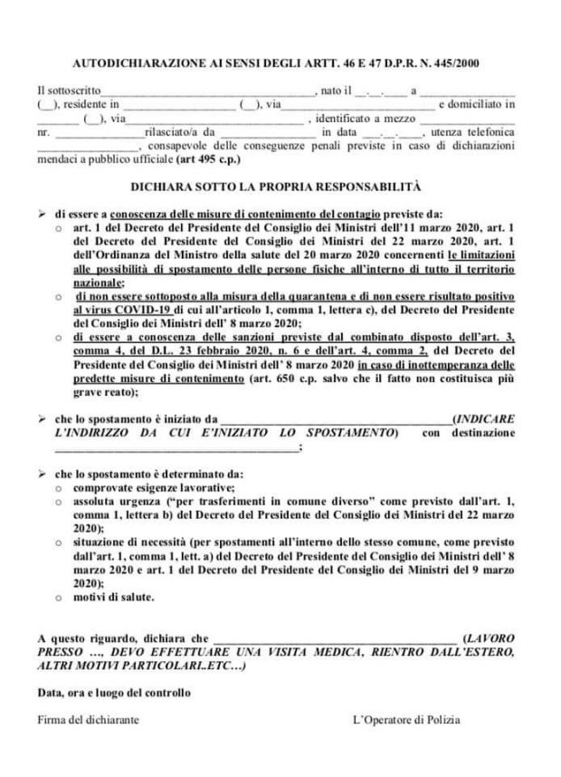 Coronavirus, nuovo modello di autodichiarazione