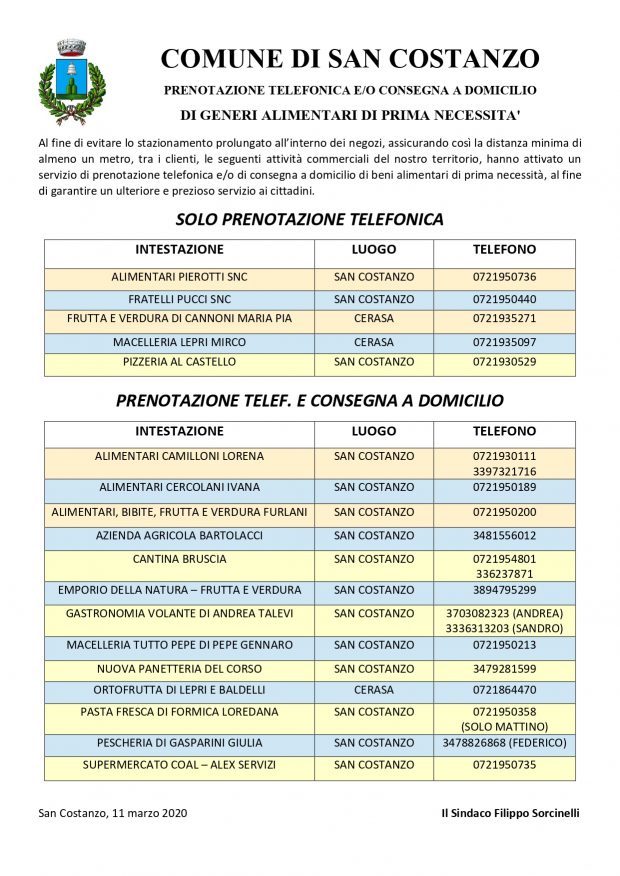 A San Costanzo attivo servizio di prenotazione telefonica e consegna a domicilio di generi alimentari e farmaci