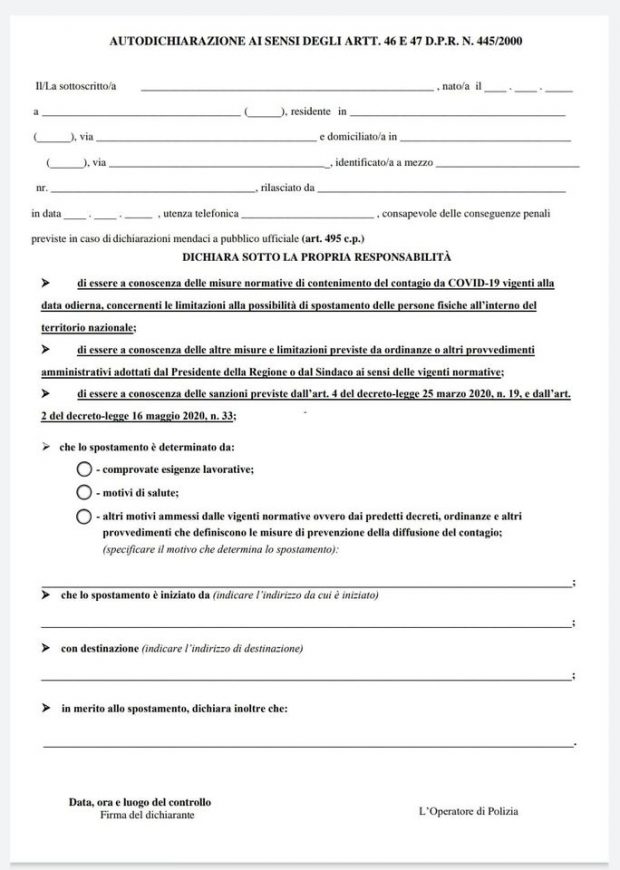 Coronavirus: torna autocertificazione in tutta Italia