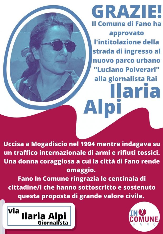 Fano, In Comune: “Approvata intitolazione della strada del parco a Ilaria Alpi”