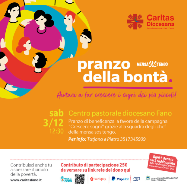 Sabato 3 dicembre Caritas Diocesana organizza ‘Il pranzo della bontà’
