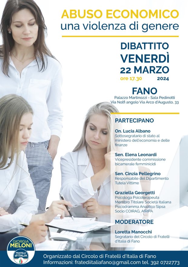 Fano, Fratelli d’Italia organizza il dibattito su “Abuso economico, una violenza di genere”