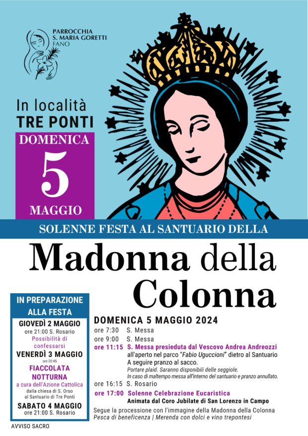 Domenica 5 maggio torna la festa al Santuario della Madonna della Colonna in zona Tre Ponti