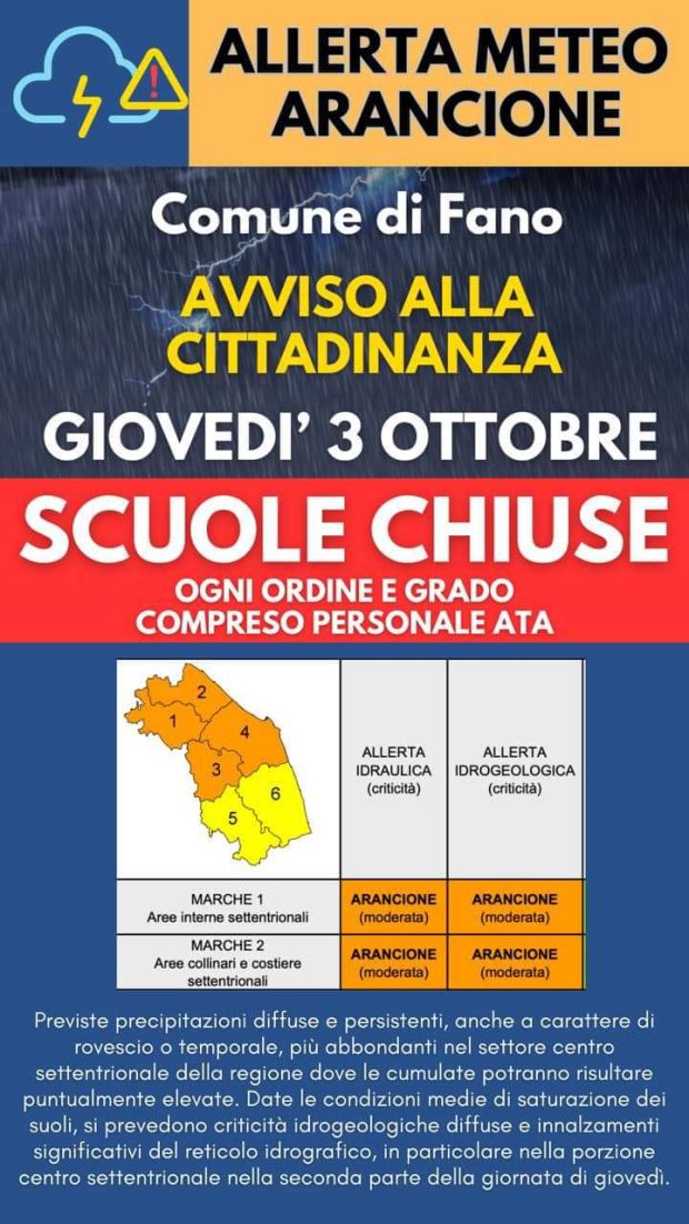 Fano, domani scuole chiuse per allerta meteo