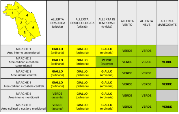 Maltempo, allerta gialla sulle Marche valida per la giornata di venerdì