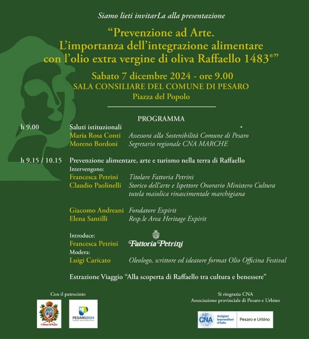 Prevenzione ed Arte con Cna Pesaro Urbino: si presenta l’extravergine di oliva RAFFAELLO 1483