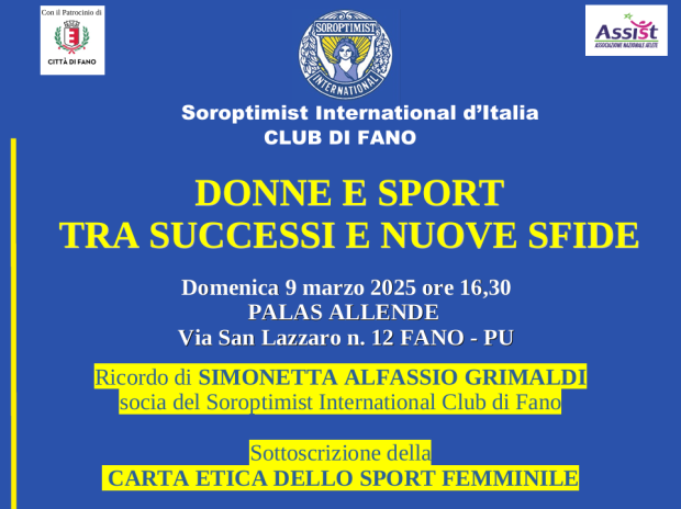 A Fano domenica 9 marzo l’evento “Donne e sport tra successi e nuove sfide”