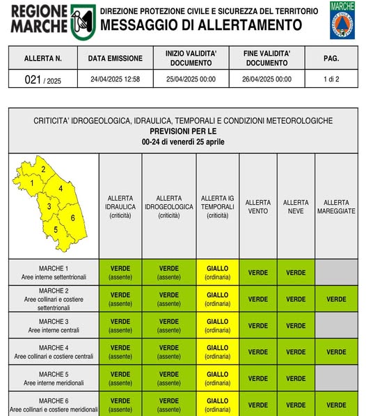 Fano, allerta meteo per il 25 aprile