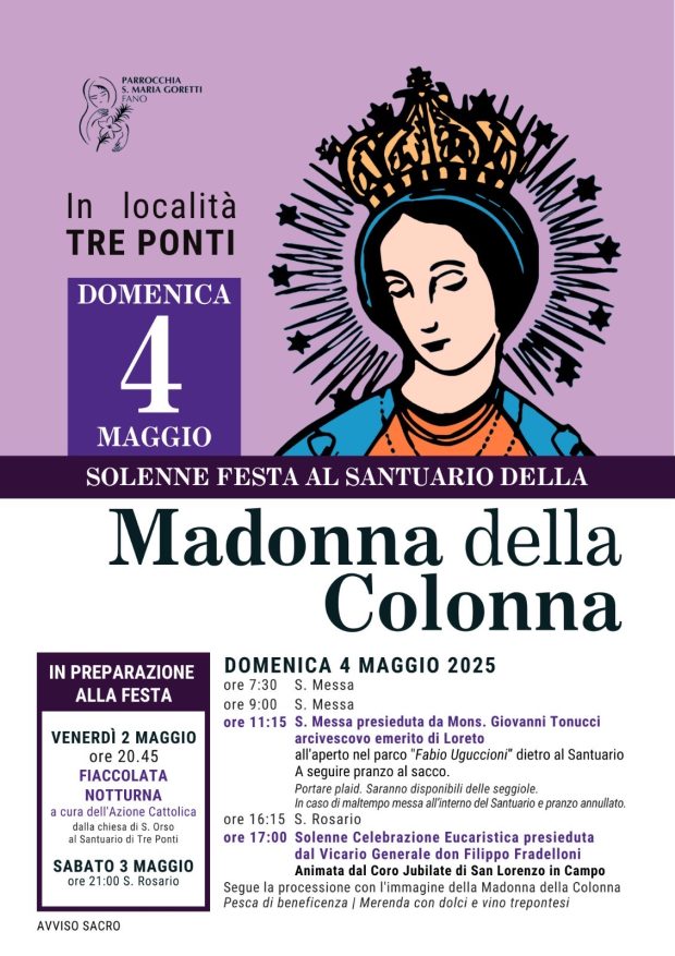 Fano, domenica 4 maggio torna la festa al Santuario della Madonna della Colonna di Tre Ponti
