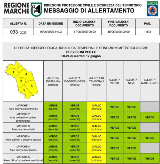 Marche, allerta meteo per temporali