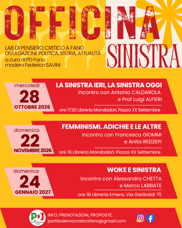 Nasce “Officina Sinistra”: a Fano nuovo laboratorio di pensiero critico e divulgazione politica promosso dal Partito Democratico